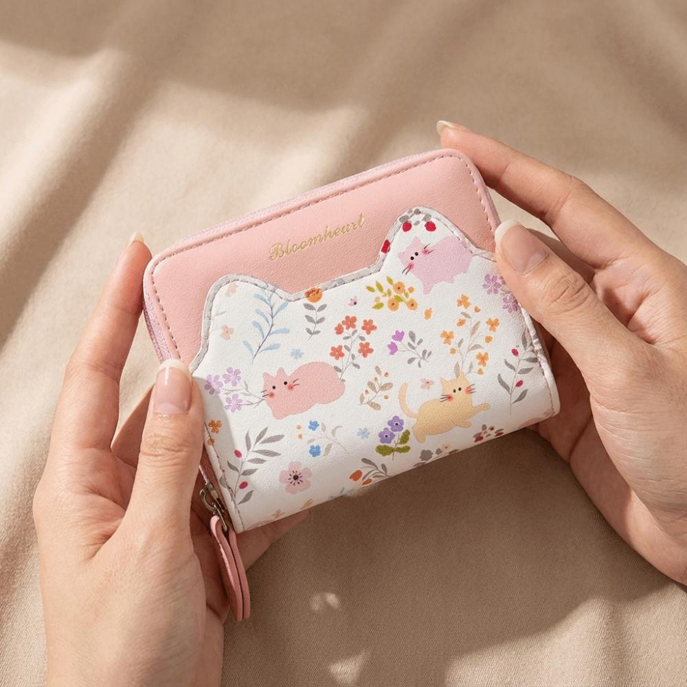 PU Leather Cat Floral Print Wallet Cartoon Coin Purse Cute Style Short Wallet Daily Use