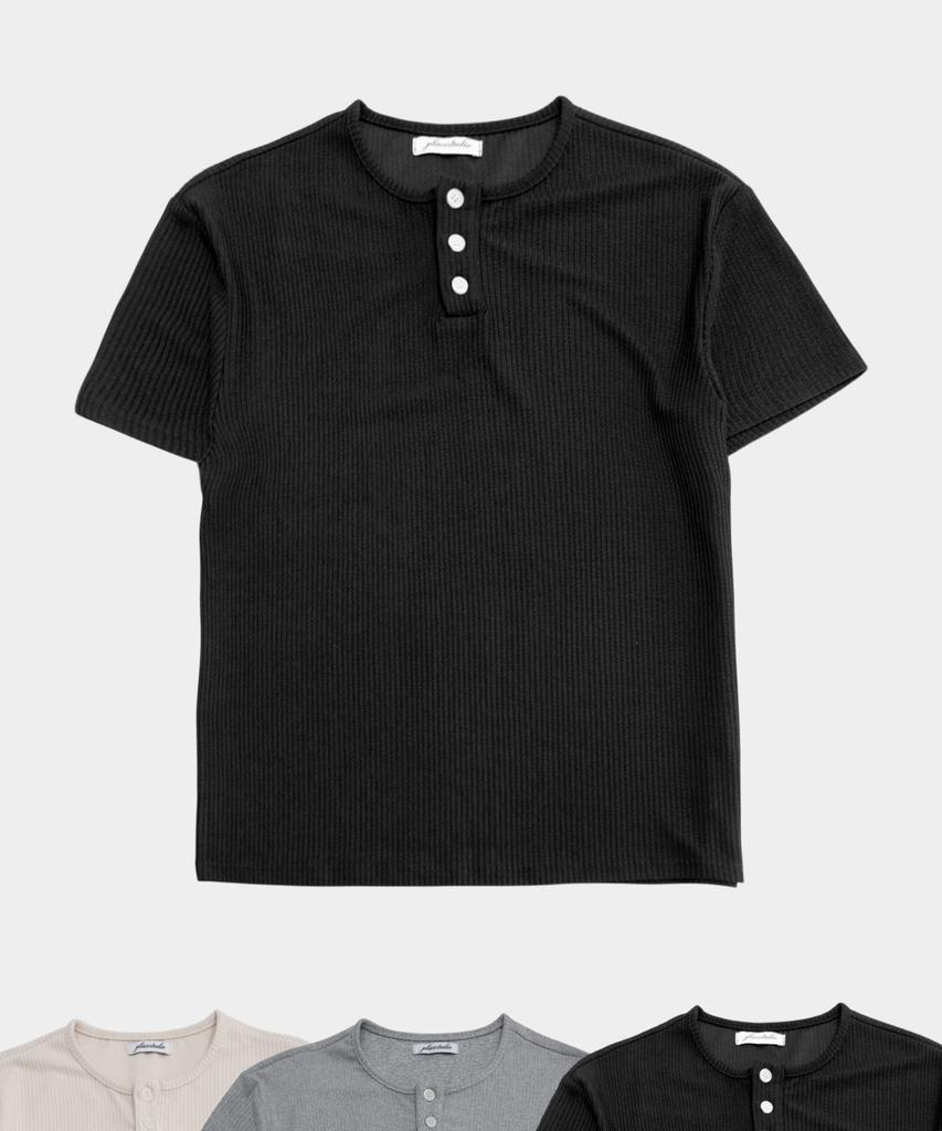 PLACESTUDIOMAN Basic Cotton Waffle Snap Point Henley Neck Semi-Oversized Short Sleeve T-Shirt _3 Colors