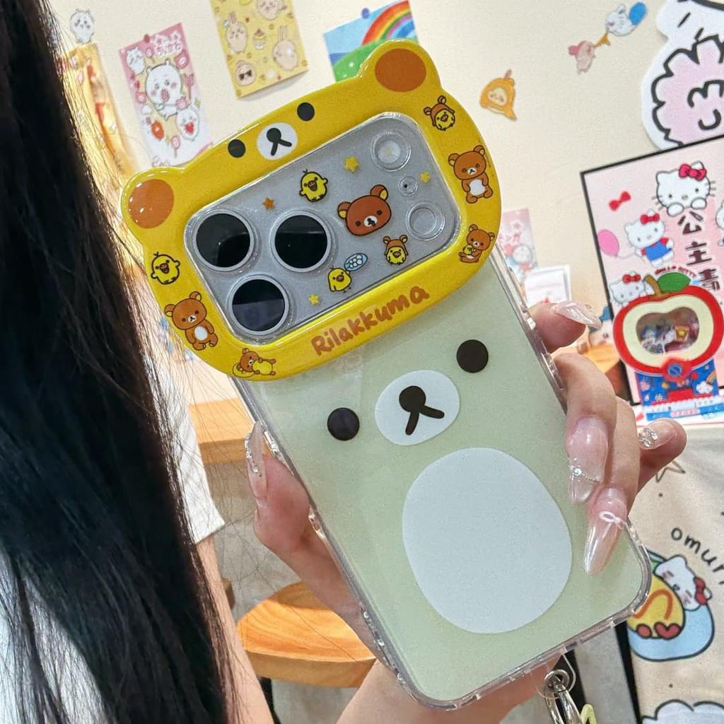 Милый мультяшный чехол для телефона Rilakkuma с изображением головы большого медведя для iPhone 17 17Pro 17Promax 16 15 14 Pro Max 16pro с подвеской-браслетом
