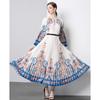Spring Autumn Women Print Oversized Long Maxi Holiday Party Dresses with Belt