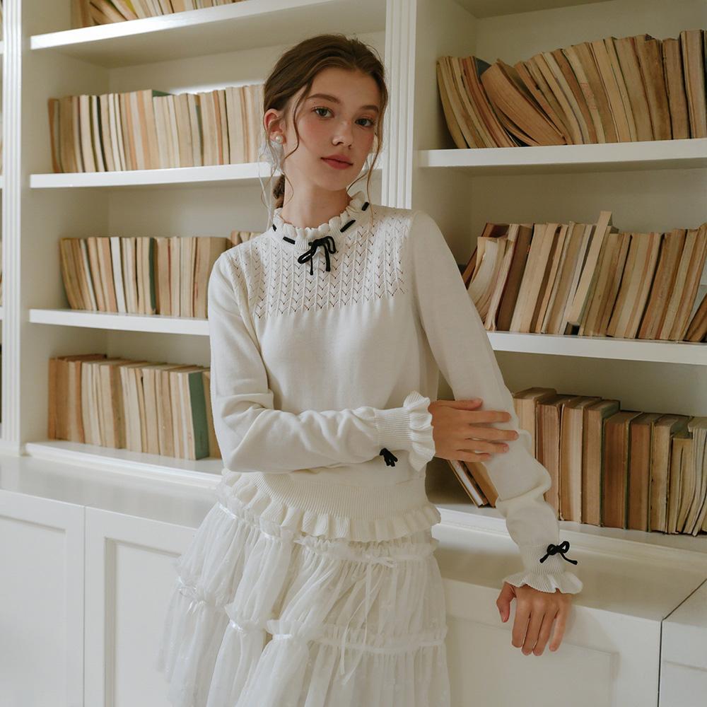 CEST MOIDEW Cest_Line Ribbon Ruffle Knit Top