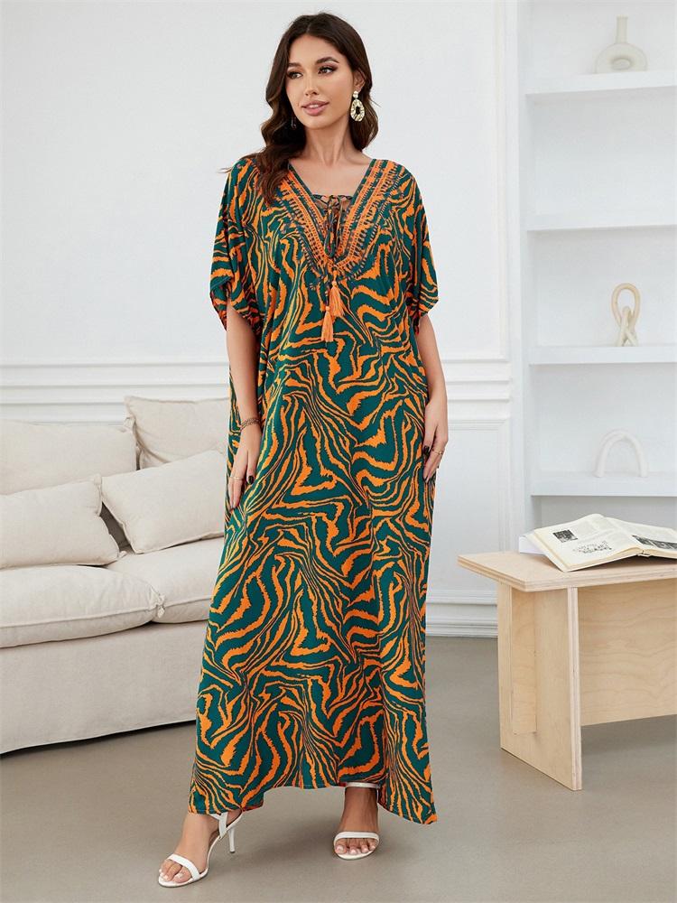 EDOLYNSA 2024 Оранжевый принт зебры, свободный кафтан, сексуальные пляжные накидки для женщин, летний халат с V-образным вырезом и кисточками, завязка по бокам, уютное повседневное домашнее платье