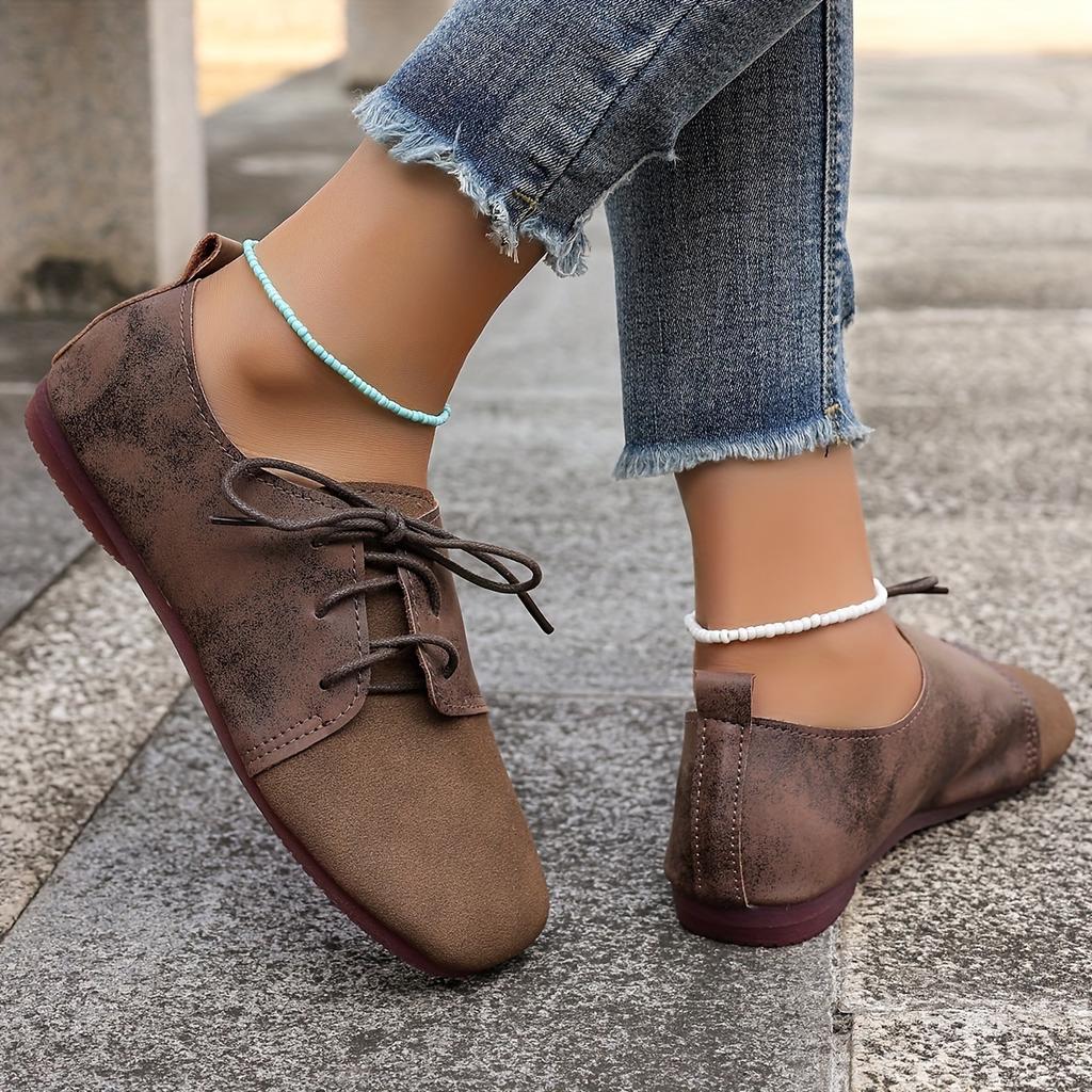 Plus Size Women's Shoes Vintage-Style Flat Casual Versatile Women's Single Shoes Low-Top Front Lace-Up Loafers