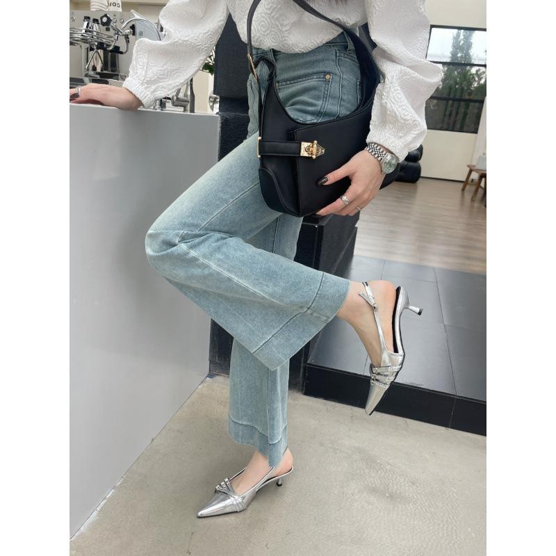 Fashion Belt Buckle Pointed Sandals Ol Tongle Silver Bag Head Rear Strap Patent Leather Women'S Shoes