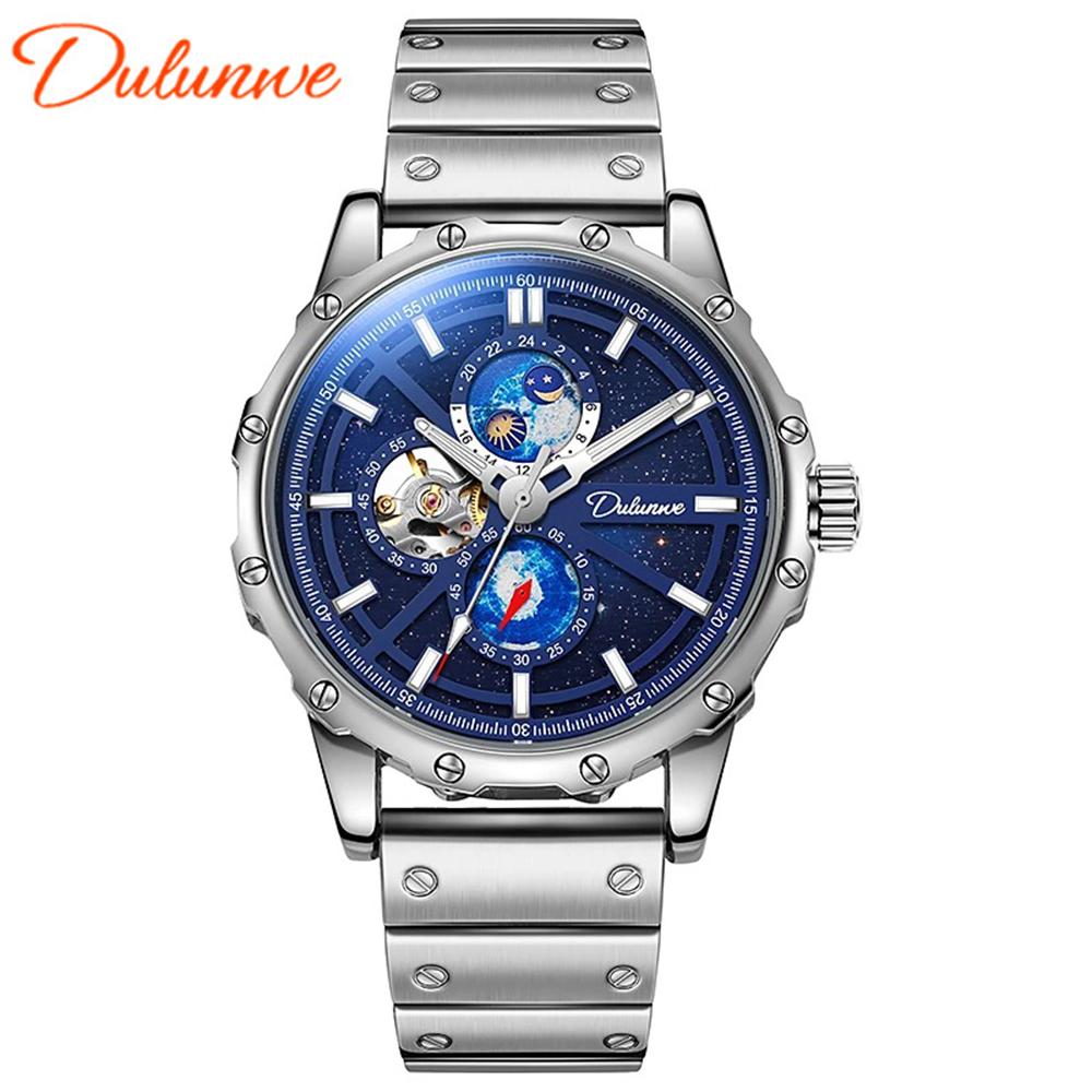 Dulunwe Мужские автоматические механические полые механические часы звездное небо наручные часы водонепроницаемые деловые наручные часы