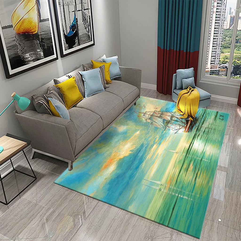 3D Oil Painting Sailboat Carpet Abstract Art Rugs for Living Room Bedroom Decor Mats Bathroom Kitchen Entrance Non-Slip Carpet