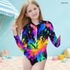 Girls High Neck Long Sleeve Front Zip Printed Black Gold One Piece Swimsuit