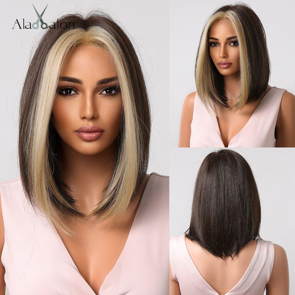 ALAN EATON Короткий прямой синтетический парик боб для женщин, платиновые блондинки, парики с темными корнями, косплей, мелированные волосы, термостойкие