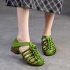 Johnature Genuine Leather Hand Woven Breathable Sandals Retro Round Toe Low Heel Women's Shoes