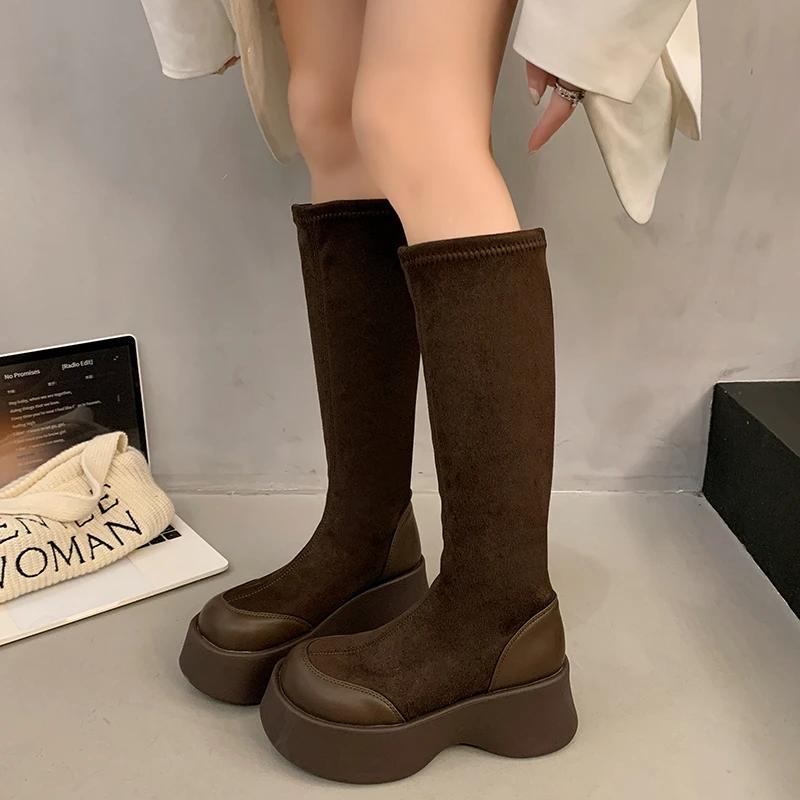 Suede Knee-length Women's Winter Plush Motorcycle Boots Thick Sole Wedge Socks Mid-calf Short Boots Autumn and Spring Shoes 2024