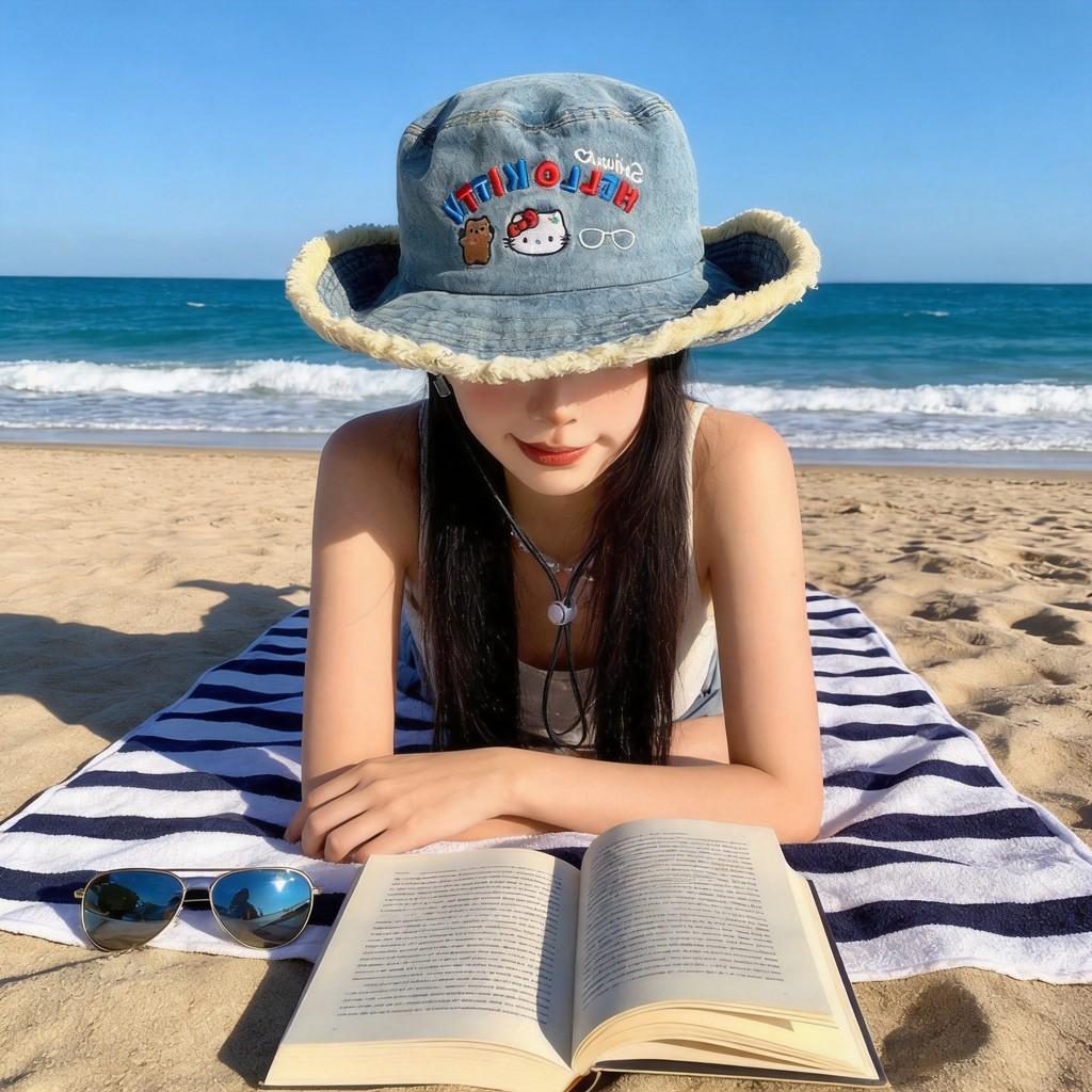 Hello Kitty Denim Fisher Hat With Breathable Polyester For Casual Wear And Sunshade