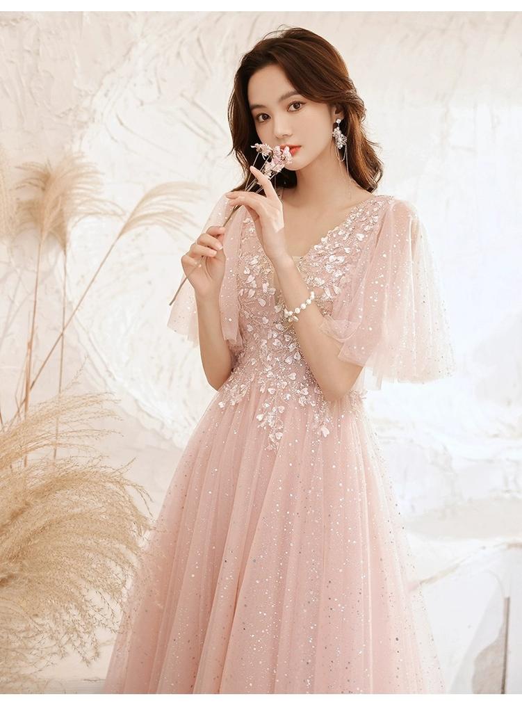 1 Art exam evening dress large size fat mm student performance host 50kg banquet temperament bridesmaid pink noble dress