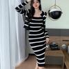Новый черный, белый полосатый комплект из двух предметов, вязаный свитер, платье на бретельках + короткий кардиган, куртка, пальто, модный костюм, женский осенний костюм