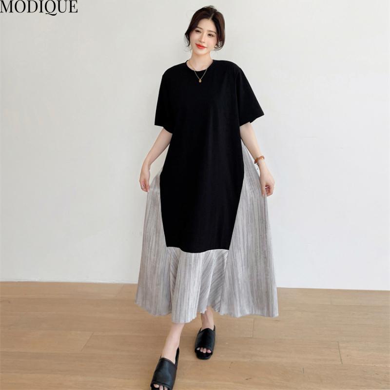 MODIQUE Summer Plus Size New Women Basic Loose Minimalist Patchwork Pleated Long Dresses Female Casual Short Sleeve O-Neck Dresses