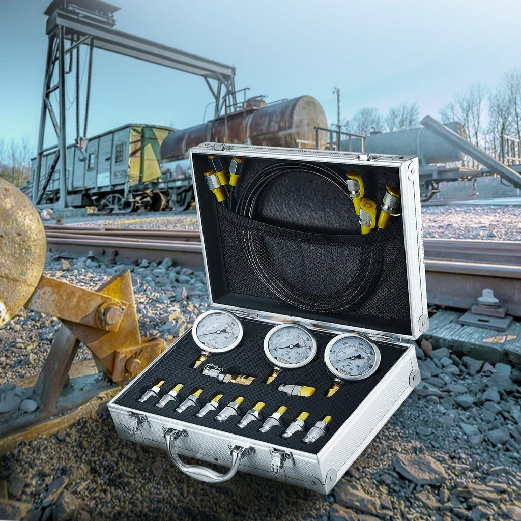 Hydraulic Pressure Test Kit, 250/400/600bar, 3 Gauges 11 Test Couplings 3 Test Hoses, Excavator Hydraulic Test Gauge Set with Portable Carrying Case