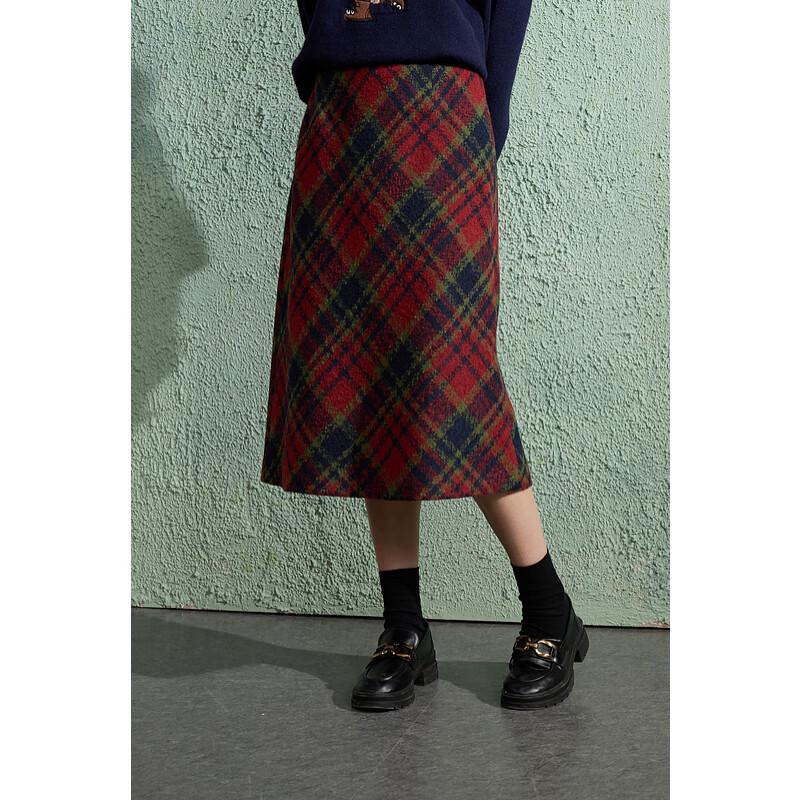 Sancai Plus Size Retro Plaid High-Waisted Slit Maxi Skirt