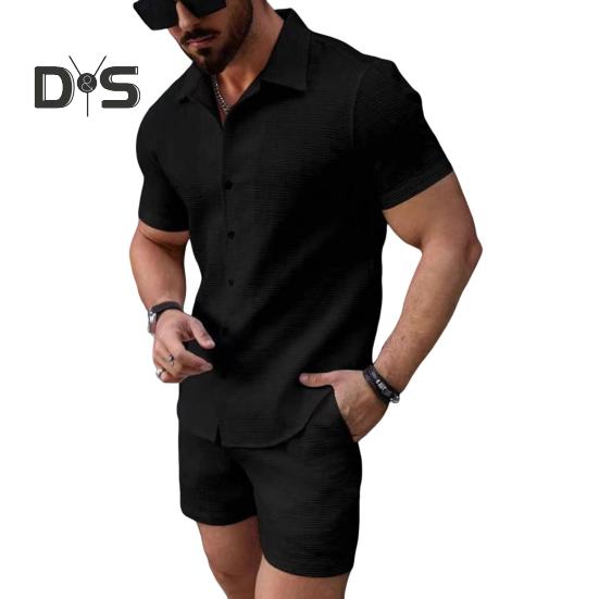 2 шт./комплект мужской наряд рубашка с коротким рукавом и лацканами топы эластичный шнурок на талии карманы шорты комплект однотонный пляжный наряд