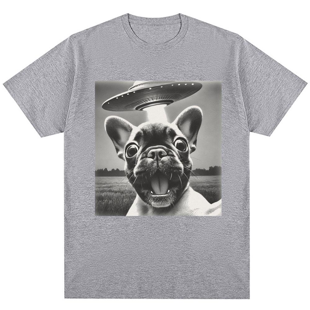 French Bulldog UFO Funny Meme Graphic T-shirt Vintage Fashion Men Women Short Sleeve Oversized Cotton Summer T Shirts Streetwear