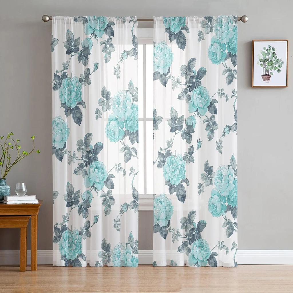 Pink Watercolor Flowers Retro Window Tulle Curtains for Living Room Bedroom Hotel Luxury Decoration Sheer Curtains