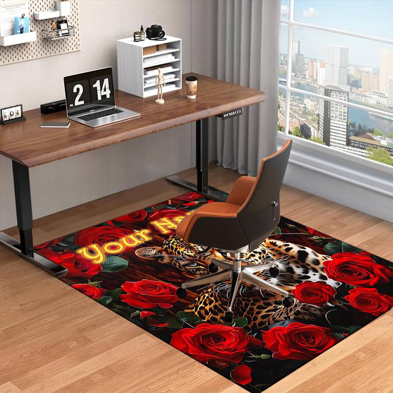 1PC Custom Name "Leopard Roses Art" Theme Floor Mat Ideal for Living Room, Game Rooms, Office, Bedroom, Floor Mat Playful Design