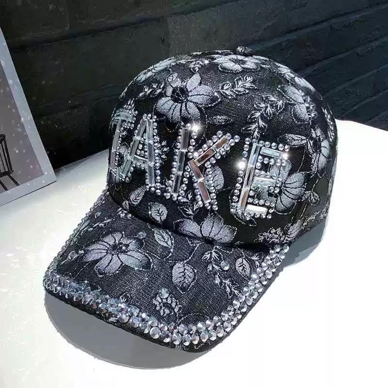 Bling Rhinestone Floral Lace Baseball Cap Sparkle Adjustable Trucker Hat for Women