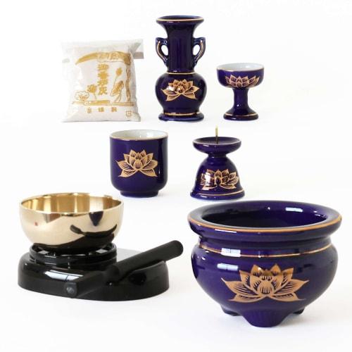 Yamakou Buddhist Altar Set: 3 Mini Orin Bells + 5 Ceramic Pieces (Ruri, Kinren, and Kinhas) + Incense Ash + Momotaro Matches. Stylish, Modern Buddhist