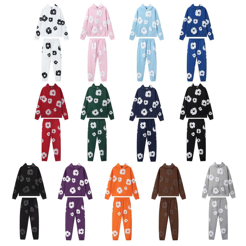 Унисекс Хлопковый Комплект: Худи и Штаны с Цветочным Принтом 'Пузырьки' на Осень/Зиму 2025 - Европейский и Американский Стиль