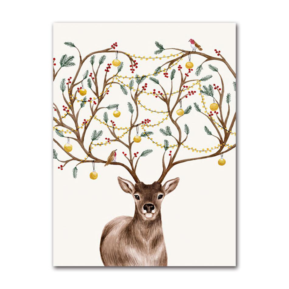 Scenery Poster Wall Art Canvas Painting Modern Elk Snow Wood House Picture Home Decor Prints for Christmas Living Room Design