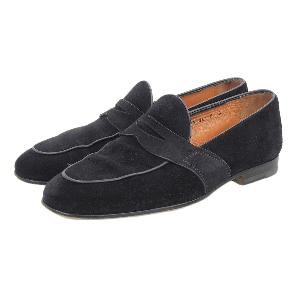 SANTONI Men's Penny Loafer Shoes, Suede, Black, Size 5, 16033 Shoes 5 blackUsed