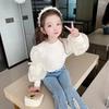 Новый топ с пышными рукавами и длинным рукавом для девочек - Стильная корейская хлопковая футболка для детей