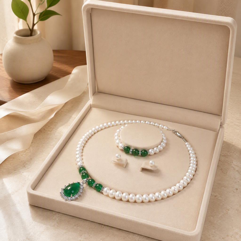 Natural Freshwater Pearl Necklace Green Chalcedony Pendant Genuine Pearl Jewelry Set Geometric Design Office/career Style