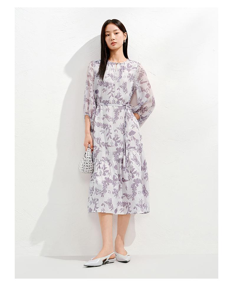 Jiuzi Anna Kou 100% Silkworm Silk Blended Wind Printed Waist Dress for Women 2025 Summer New Style