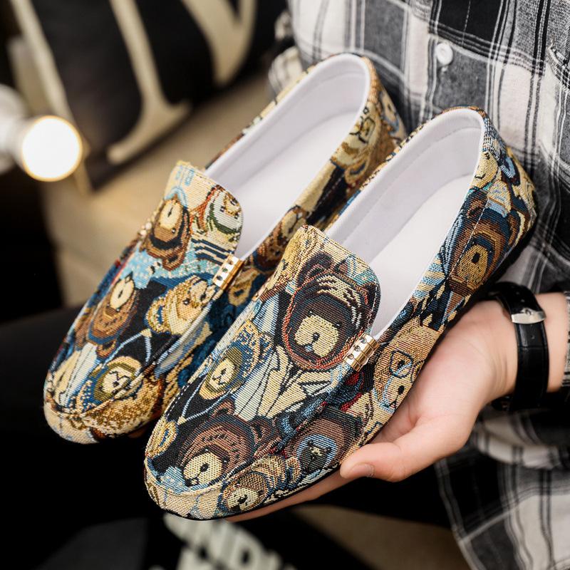 Модная мужская обувь, дышащая парусиновая мужская повседневная обувь, модная весенняя нескользящая обувь для вождения, плоские мокасины с рисунком медведя из мультфильма