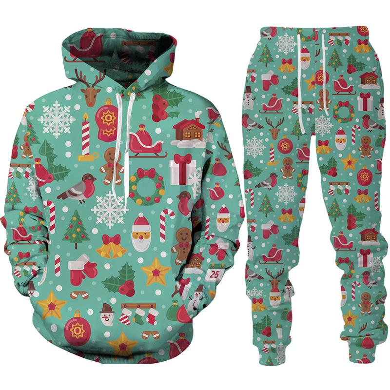 Новый год, Рождество, Санта-Клаус, толстовки с 3D принтом, брюки, спортивный костюм, новинка, костюм из 2 предметов для пары, уличная одежда для вечеринки