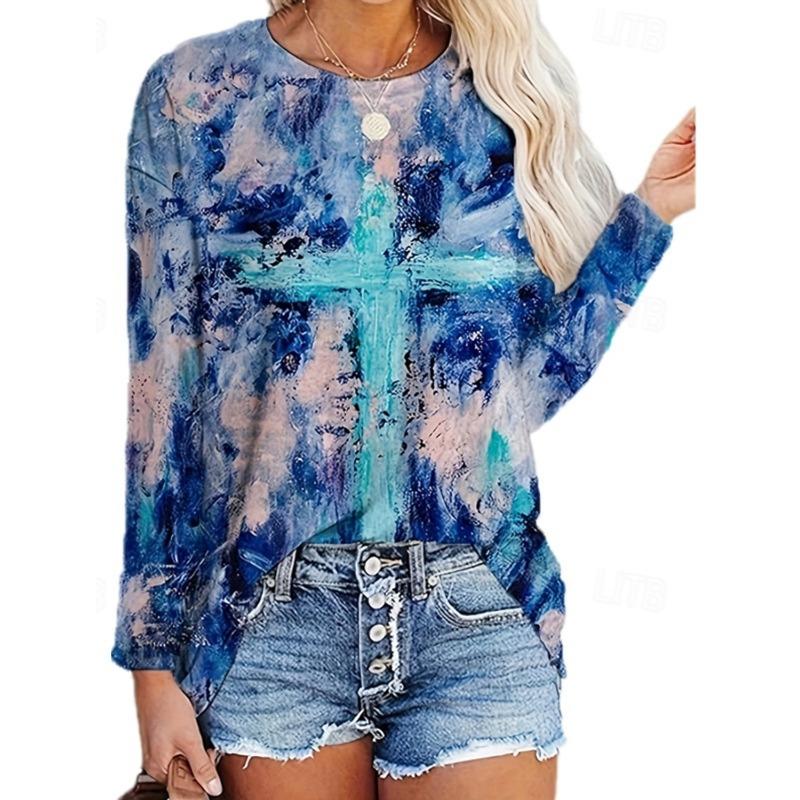 Fashion Women's T shirt 3D Print Faith Cross Graphic Casual Tee Holiday Fashion Long Sleeve T-shirt O-Neck Sweatshirt Pullover