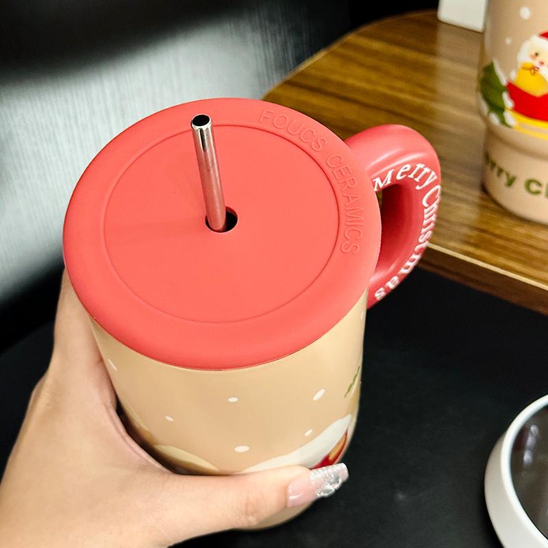 Christmas Ceramic Mug With Lid Large Capacity Household Straw Cup Creative Christmas Gift Souvenir
