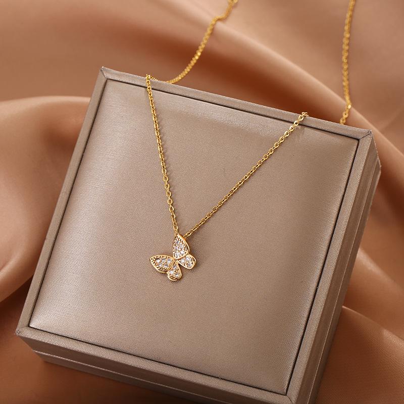Light Luxury Butterfly Pendant Rhinestone Collarbone Chain Titanium Steel Simple Versatile Jewelry Women Necklace