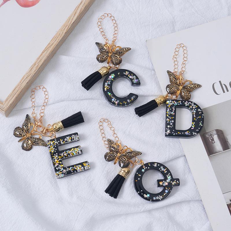 Подвески-буквы от A до Z, черная кисточка-бабочка, брелок с инициалом, имя, идентификатор, персонализированная ручка, подвесное украшение, кулон для сумки