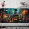 A Halloween Garage Banner Featuring Cheerful Scary Monsters, Castles and pumpkinsXY