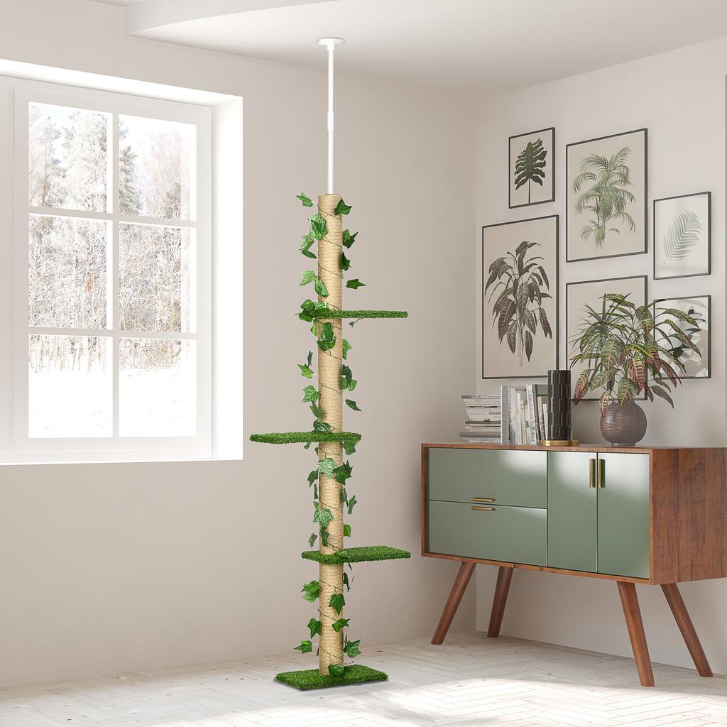 242cm Adjustable Floor-To-Ceiling Cat Tree, with Artificial Decoration, Perches, Anti-Slip Kit - Green