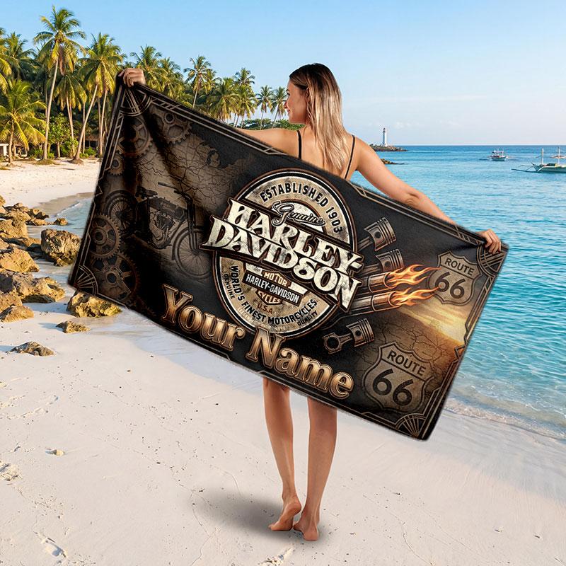 Harley-Davidson Customized Name Text Beach Towel, Soft Absorbent Towel Beach Pool Travel Personal Gift