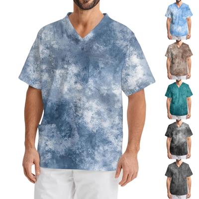 Мужская рабочая блузка с короткими рукавами и v-образным вырезом с принтом, топ с нагрудным карманом