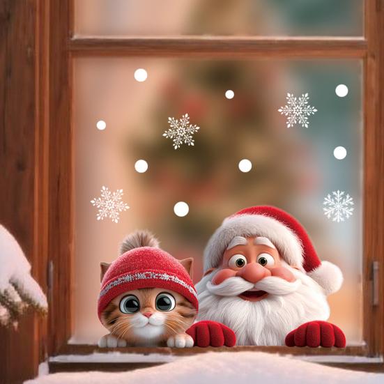 Santa Claus Cat Window Cling Removable Waterproof PVC Winter Merry Christmas Static Glass Sticker Holiday Party Decoration Decal