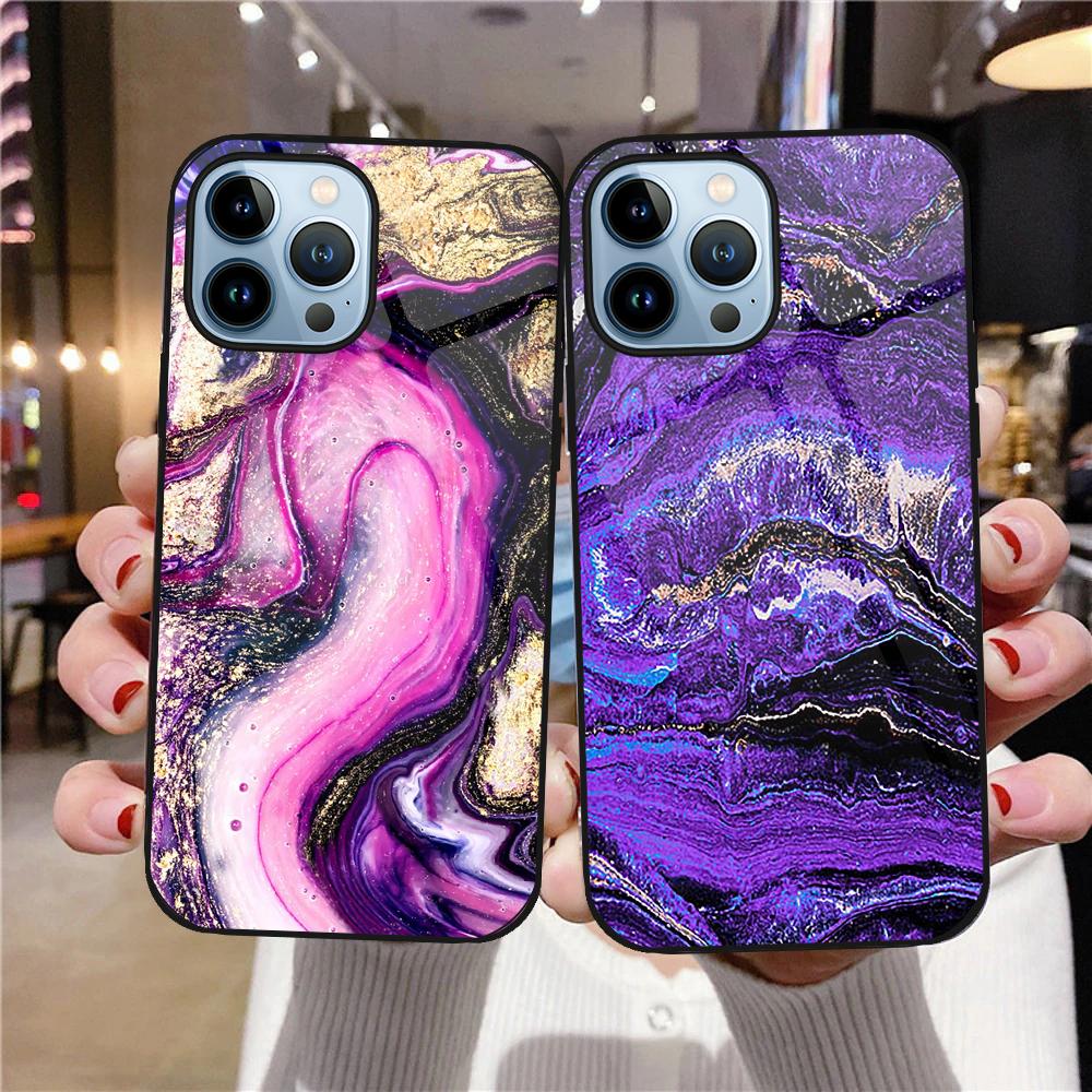 Фиолетовый мраморный чехол для телефона для Iphone 14 13 11 12 Pro Max Mini Xs Xr X 7 8 6s Plus Se 2022, задние чехлы из закаленного стекла