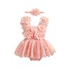 Baby Girl Summer Outfit, Flower Embroidery Tie-Up Mesh Romper Dress Bow Headband 2 Piece Set