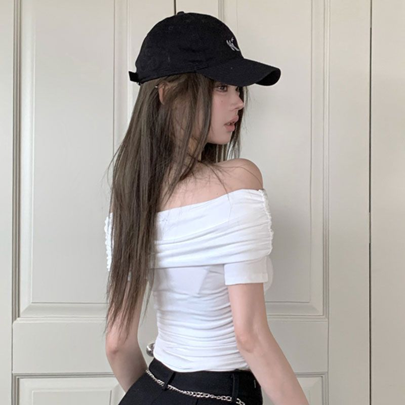Женский черный укороченный топ с открытыми плечами, коротким рукавом, облегающего кроя, повседневная блузка