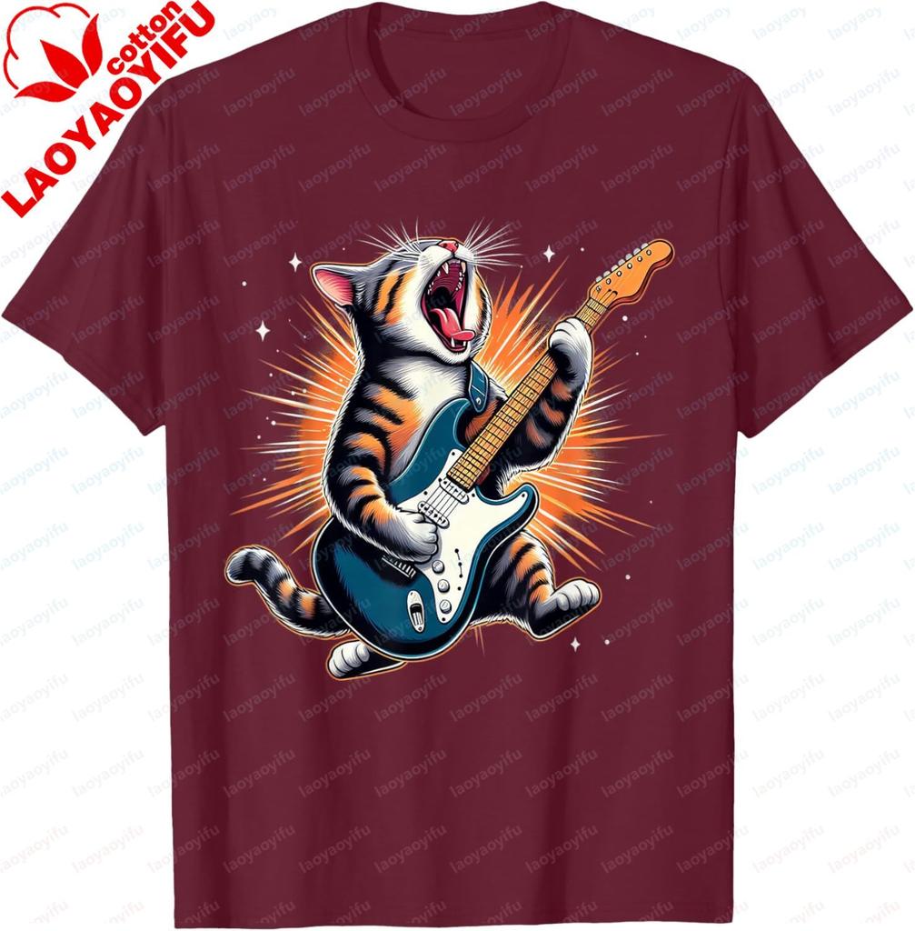 Cat Playing Guitar Rock Star Rock And Roll For Unisexs And Unisexs 100 Cotton Shortsleeved Shirt Y2k Printed Tshirt