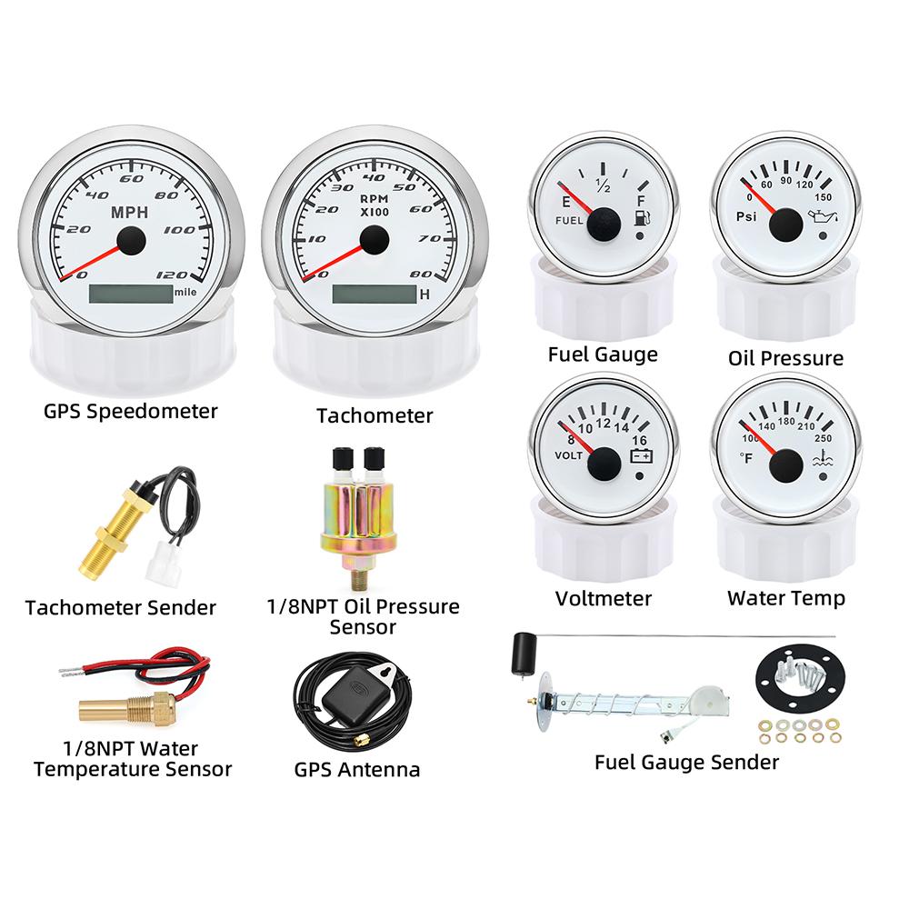 6 Gauge Set Tachometer Fuel Level Oil Pressure Water Temp Voltmeter GPS Speedometer With Sensors For Marine Car Boat Customized