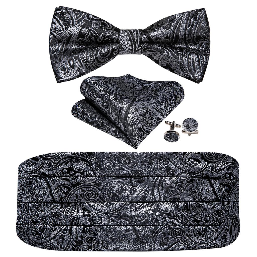 Barry.Wang Mens Cummerbund Belt and Bowtie Set Silk Pre Bow Tie Hanky Cufflink Set