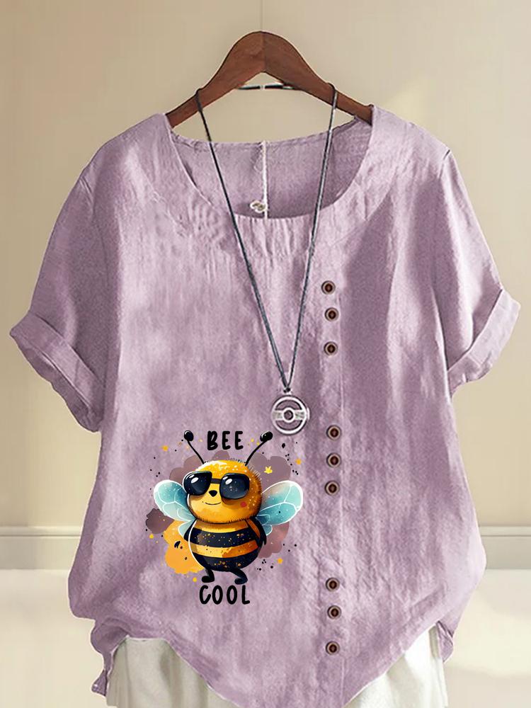 Women's Fashion Cool Bee Print Round Neck Short Sleeve T-shirt Summer Casual Cotton Linen Graphic Shirt Leisure Loose Blouse Tops